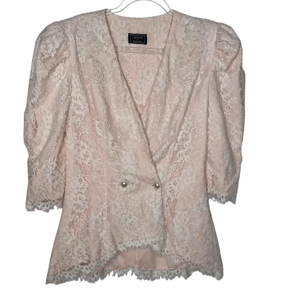1980s Cachet Bari Protas Victorian Romantic Lace Peplum Suit Set USA Size 4